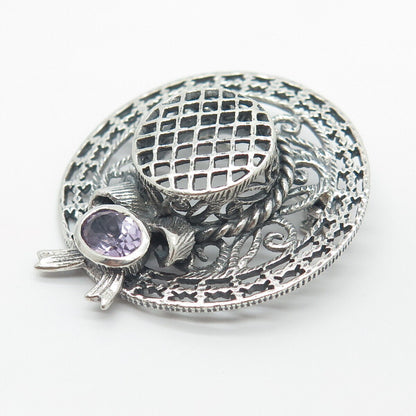 925 Sterling Silver Vintage Real Amethyst Gemstone Lady's Hat Pin Brooch