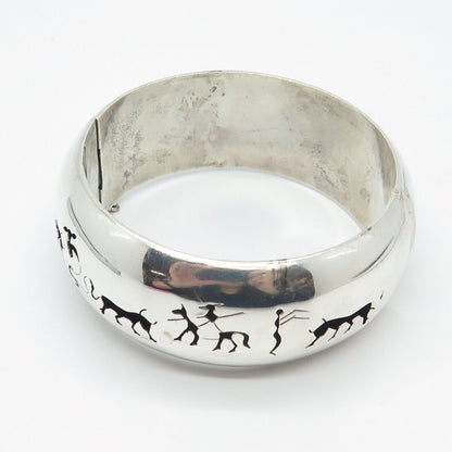 925 Sterling Silver Vintage Mexico Bullfighting Hinged Bangle Bracelet 7.5"