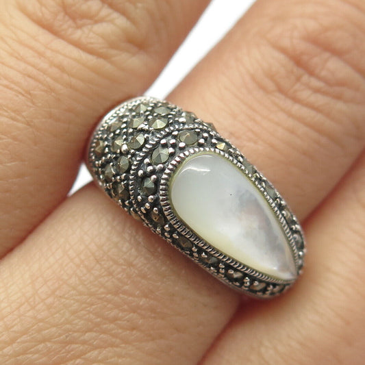 925 Sterling Silver Vintage Real Mother-of-Pearl & Marcasite Gem Ring Size 7.75