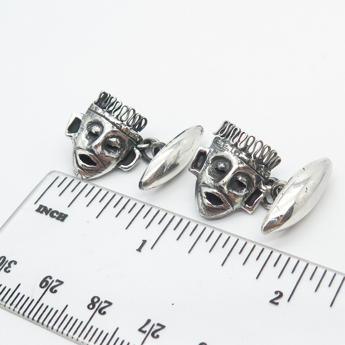 925 Sterling Silver Vintage Aztec Warrior Face Chain Cufflinks