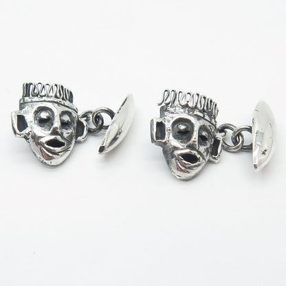 925 Sterling Silver Vintage Aztec Warrior Face Chain Cufflinks