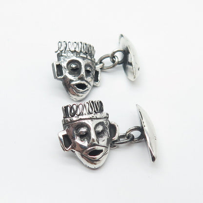 925 Sterling Silver Vintage Aztec Warrior Face Chain Cufflinks