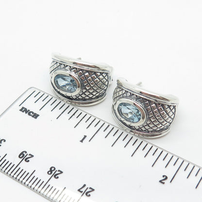 925 Sterling Silver Vintage Pranda Real Blue Topaz Gem Net Half Hoop Earrings