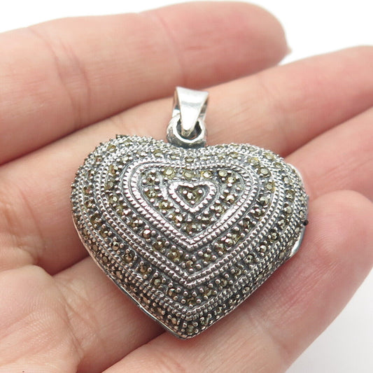 925 Sterling Silver Vintage Real Marcasite Gem Heart Locket Pendant