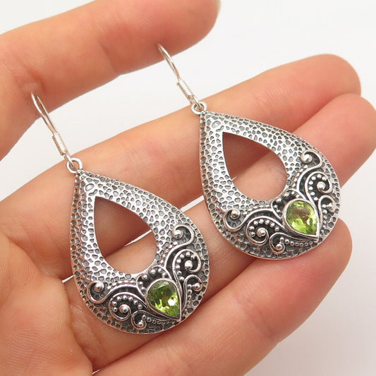 925 Sterling Silver Vintage Real Peridot Gemstone Dangling Hook Earrings