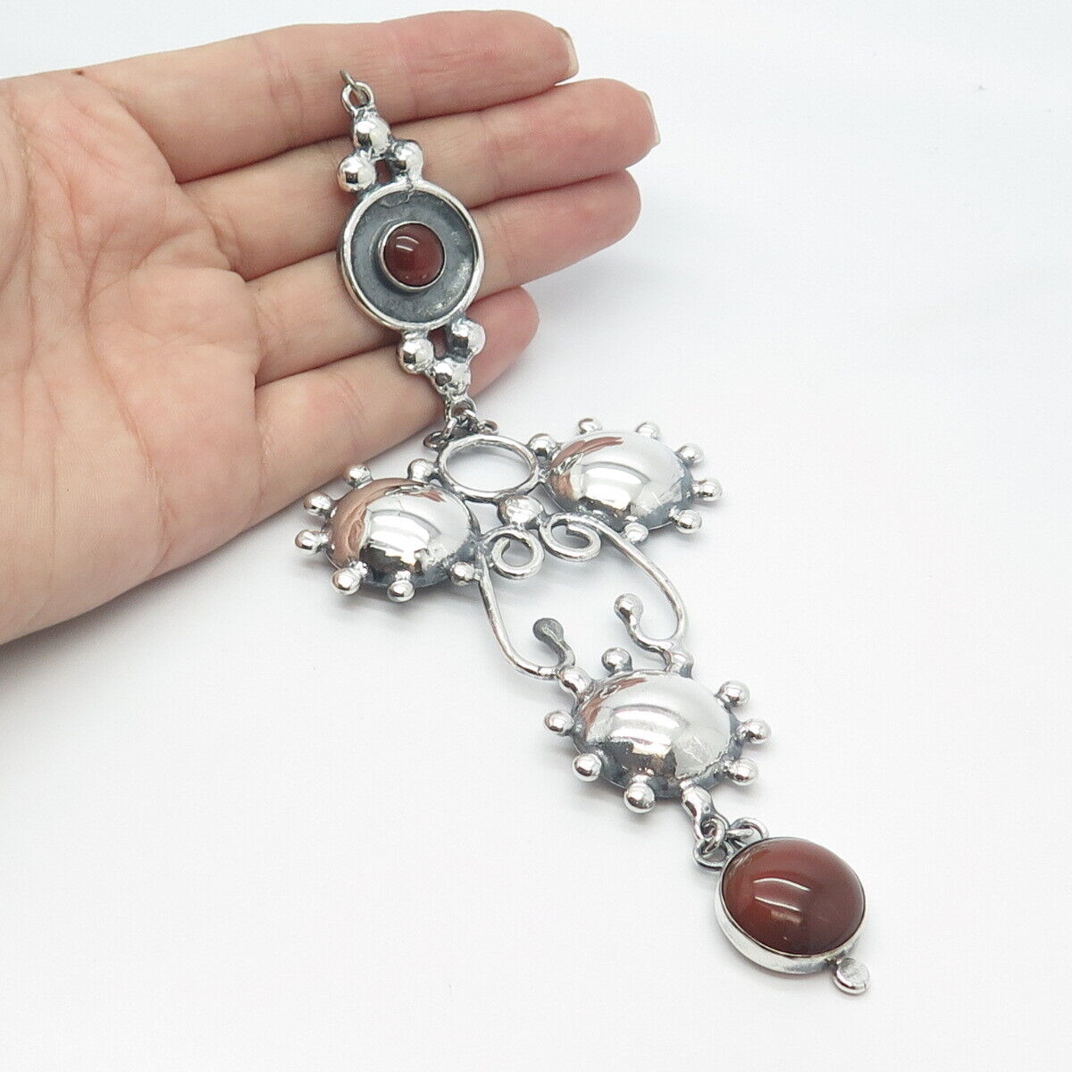 925 Sterling Silver Vintage Real Red Agate Gemstone Cross Pendant