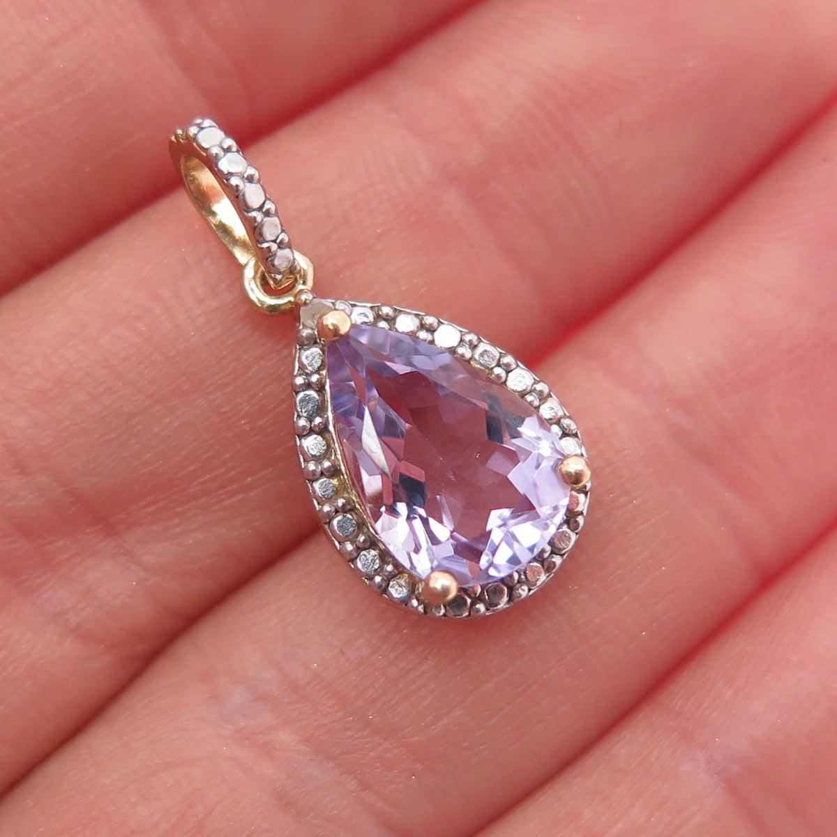 925 Sterling Silver Gold Plated Real Diamond Accent & Amethyst Charm Pendant