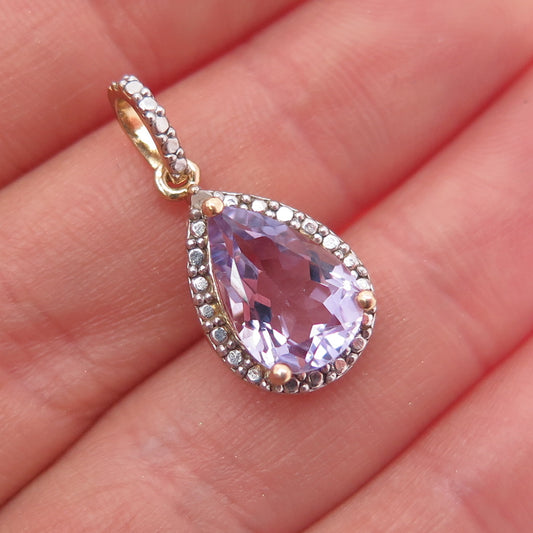 925 Sterling Silver Gold Plated Real Diamond Accent & Amethyst Charm Pendant