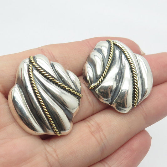 925 Sterling Silver 2-Tone Vintage Mexico Laton Ribbed Earrings