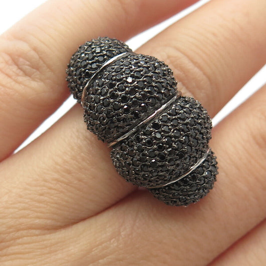 925 Sterling Silver Real Black Spinel & Quartz Caterpillar Domed Ring Size 7