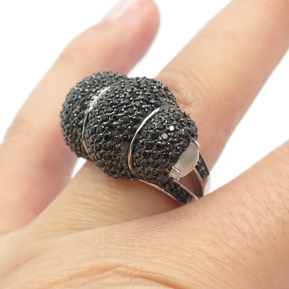 925 Sterling Silver Real Black Spinel & Quartz Caterpillar Domed Ring Size 7