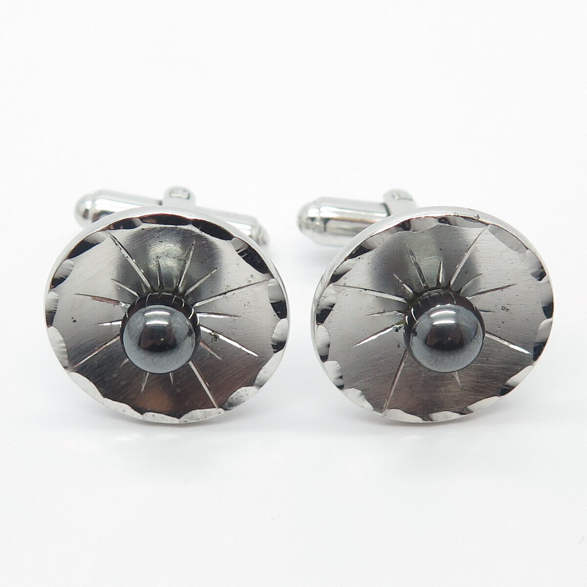 925 Sterling Silver Vintage Real Hematite Gem Cufflinks