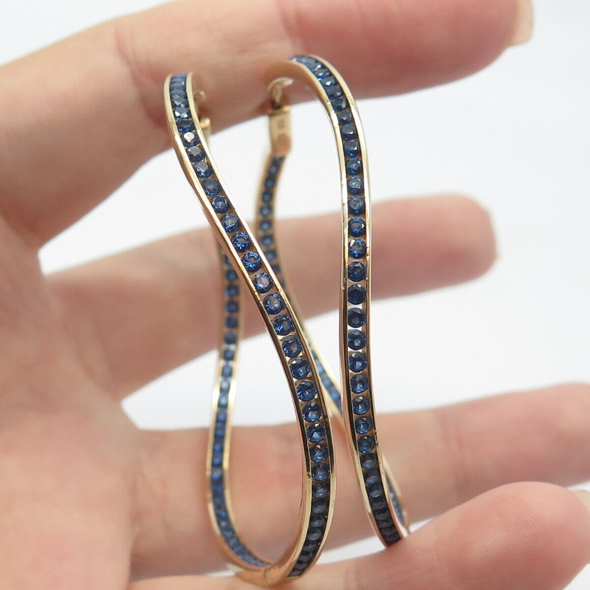 925 Sterling Silver Gold Plated KLEO Blue C Z Curved Hinged Hoop Earrings