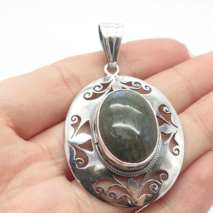 925 Sterling Silver Vintage Real Labradorite Gemstone Ornate Pendant