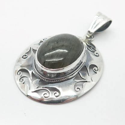 925 Sterling Silver Vintage Real Labradorite Gemstone Ornate Pendant