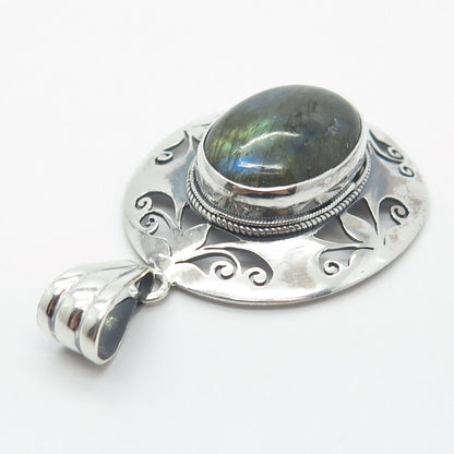 925 Sterling Silver Vintage Real Labradorite Gemstone Ornate Pendant