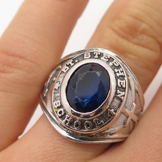 925 Sterling Silver Vintage Lab Sapphire 1972 St. Stephen School Ring Size 8.75