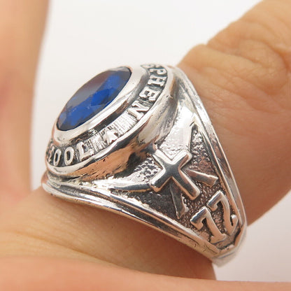 925 Sterling Silver Vintage Lab Sapphire 1972 St. Stephen School Ring Size 8.75