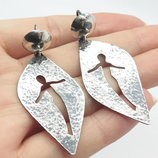 925 Sterling Silver Vintage Hammered Cutout Figure Dangling Earrings