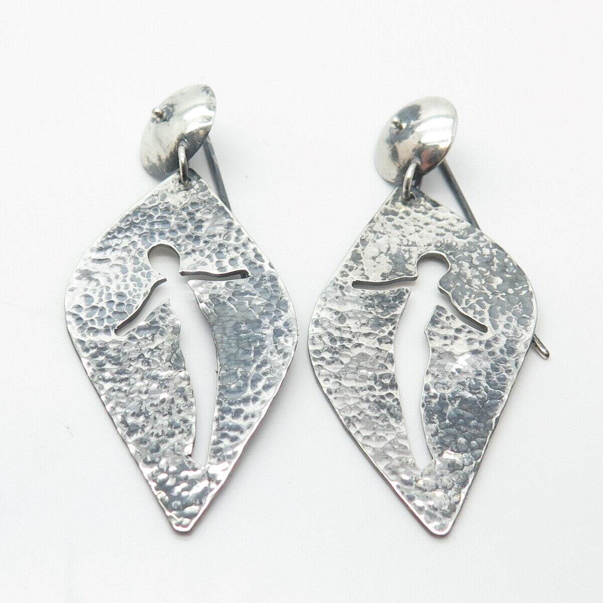 925 Sterling Silver Vintage Hammered Cutout Figure Dangling Earrings