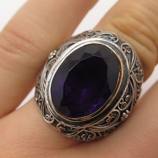 925 Sterling Silver 2-Tone Vintage Real Amethyst Gem Ornate Oval Ring Size 6.75