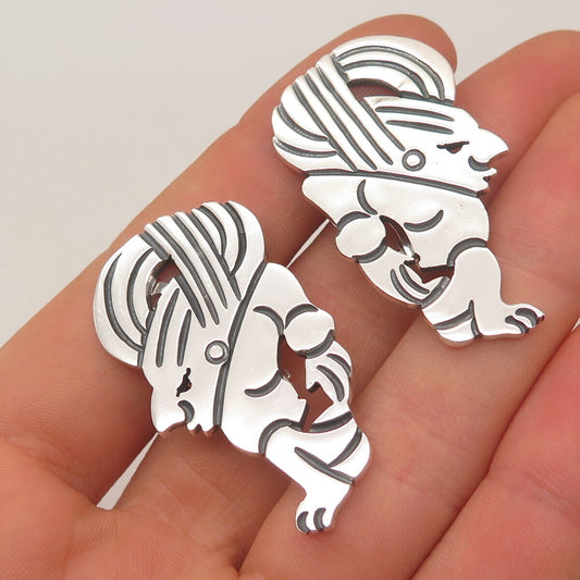 925 Sterling Silver Vintage Mexico Tribal Clip On Earrings