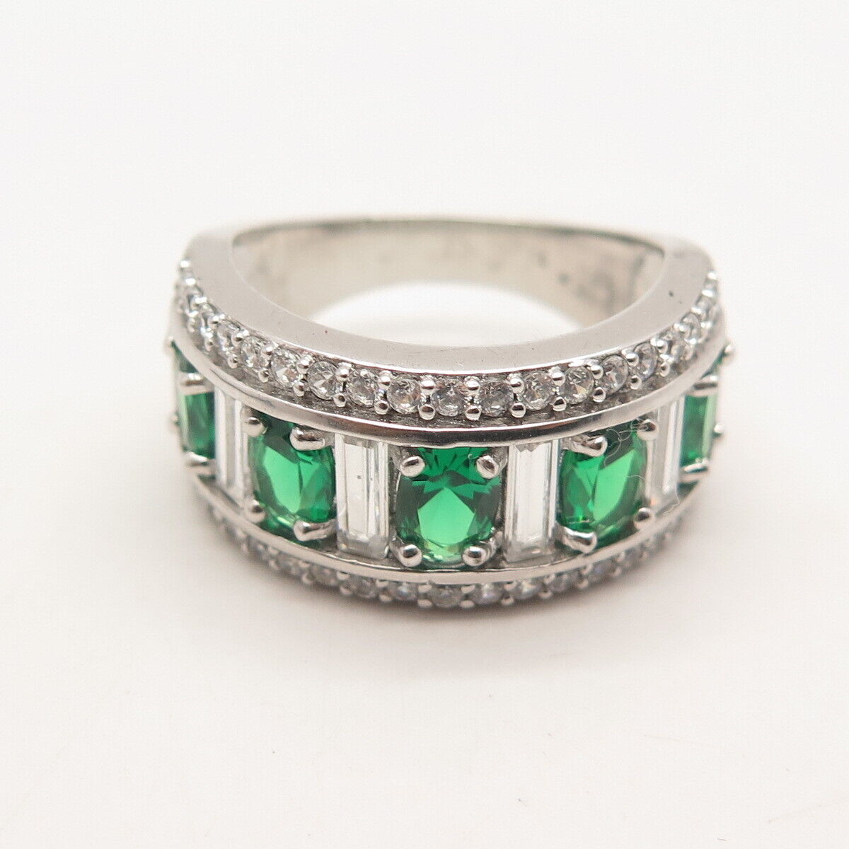 925 Sterling Silver Real Chrome Diopside Gemstone & Green C Z Ring Size 8