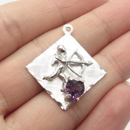 925 Sterling Silver Vintage Real Amethyst Gem Valentine Cupid Angel Pendant