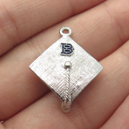 925 Sterling Silver Vintage Letter "B" Initial Graduation Cap 3D Charm Pendant