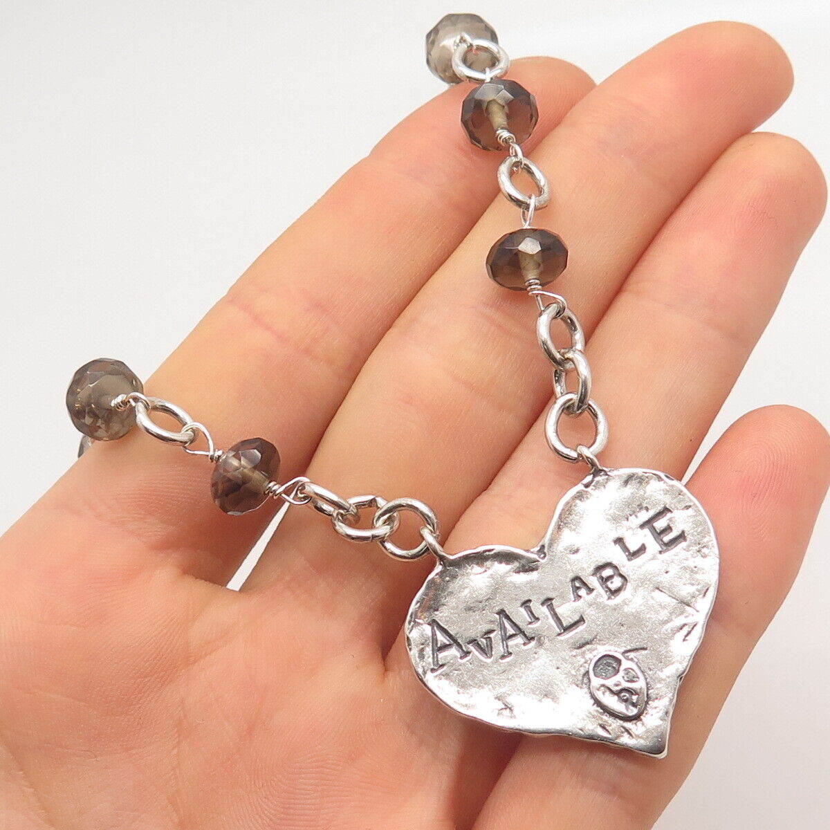 925 Sterling Silver Smoky Quartz "Taken Available" Heart Bead Chain Necklace 16"