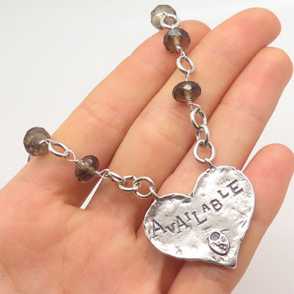 925 Sterling Silver Smoky Quartz "Taken Available" Heart Bead Chain Necklace 16"