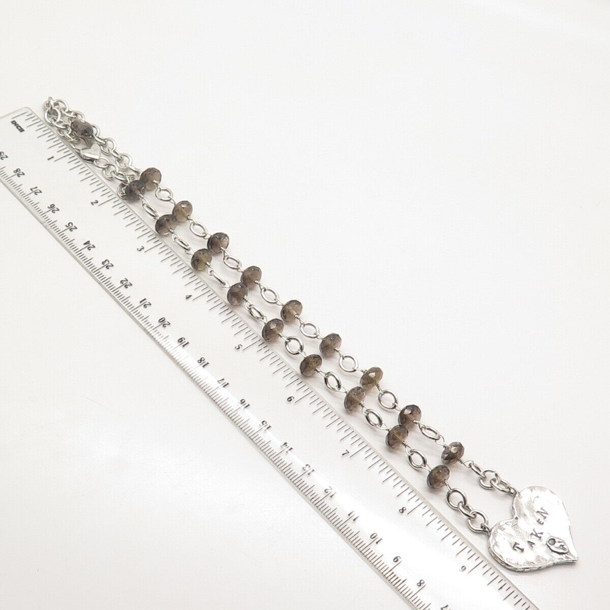 925 Sterling Silver Smoky Quartz "Taken Available" Heart Bead Chain Necklace 16"