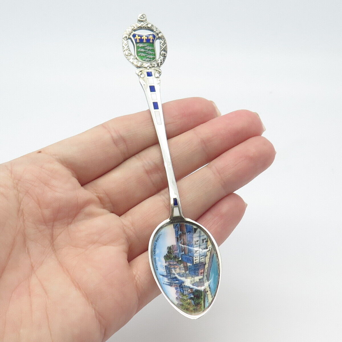 800 Silver Antique Germany Enamel "Loches Chateau Royal" Spoon