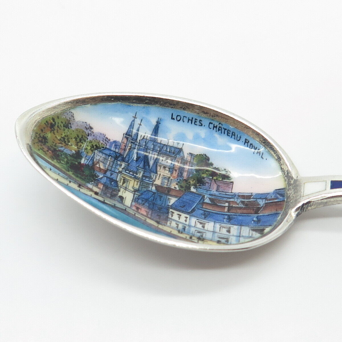 800 Silver Antique Germany Enamel "Loches Chateau Royal" Spoon