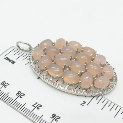 925 Sterling Silver Real Rose Quartz & C Z Oval Cluster Pendant