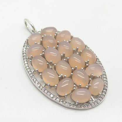 925 Sterling Silver Real Rose Quartz & C Z Oval Cluster Pendant