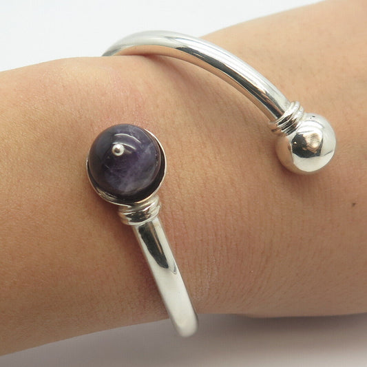 925 Sterling Silver Vintage Real Amethyst Gem Adjustable Bracelet 6.25"