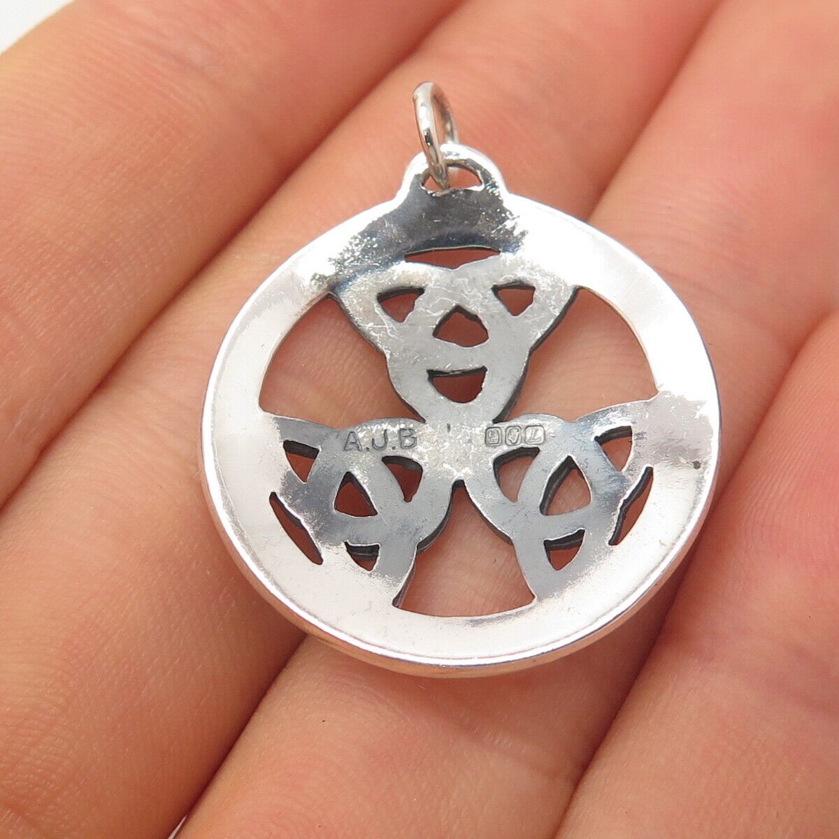 925 Sterling Silver Vintage AJB Triquetra Celtic Round Pendant