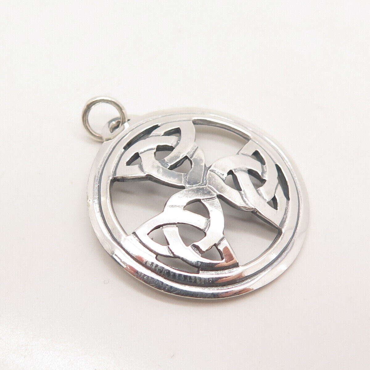 925 Sterling Silver Vintage AJB Triquetra Celtic Round Pendant