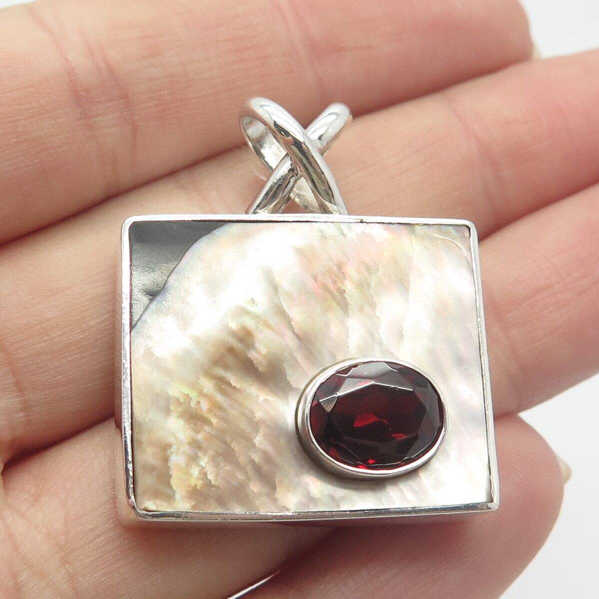 925 Sterling Silver Vintage Real Mother-of-Pearl & Red Garnet Gem Pendant