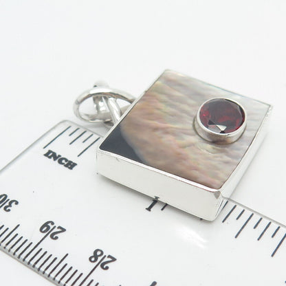 925 Sterling Silver Vintage Real Mother-of-Pearl & Red Garnet Gem Pendant