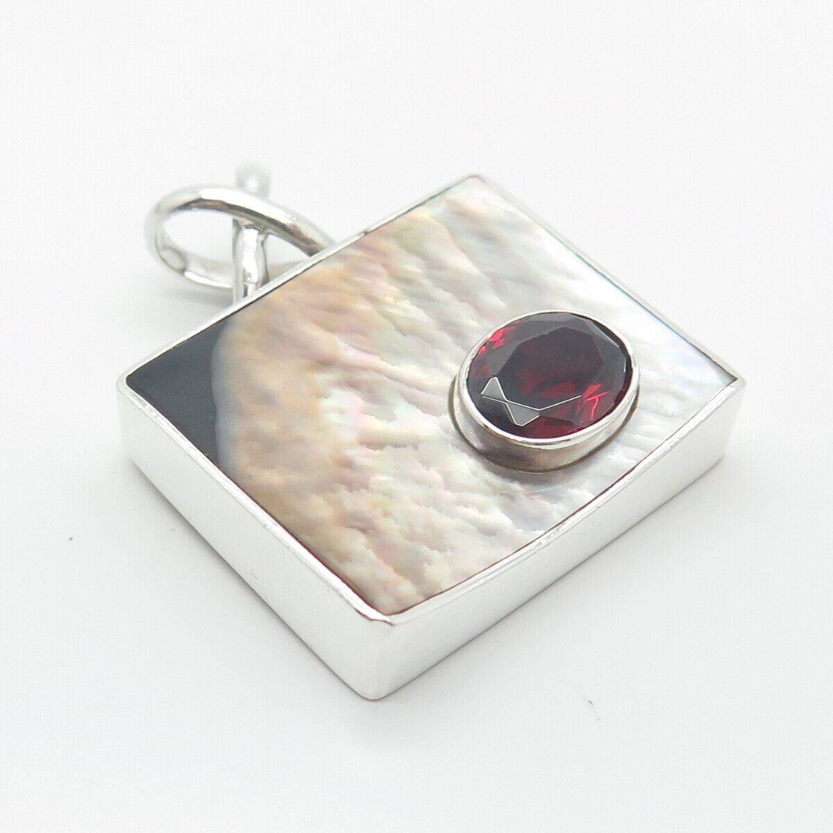 925 Sterling Silver Vintage Real Mother-of-Pearl & Red Garnet Gem Pendant