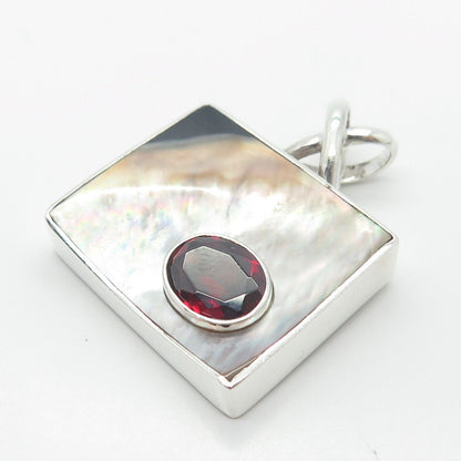 925 Sterling Silver Vintage Real Mother-of-Pearl & Red Garnet Gem Pendant