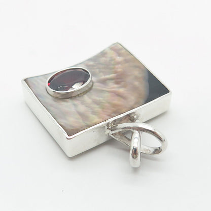 925 Sterling Silver Vintage Real Mother-of-Pearl & Red Garnet Gem Pendant