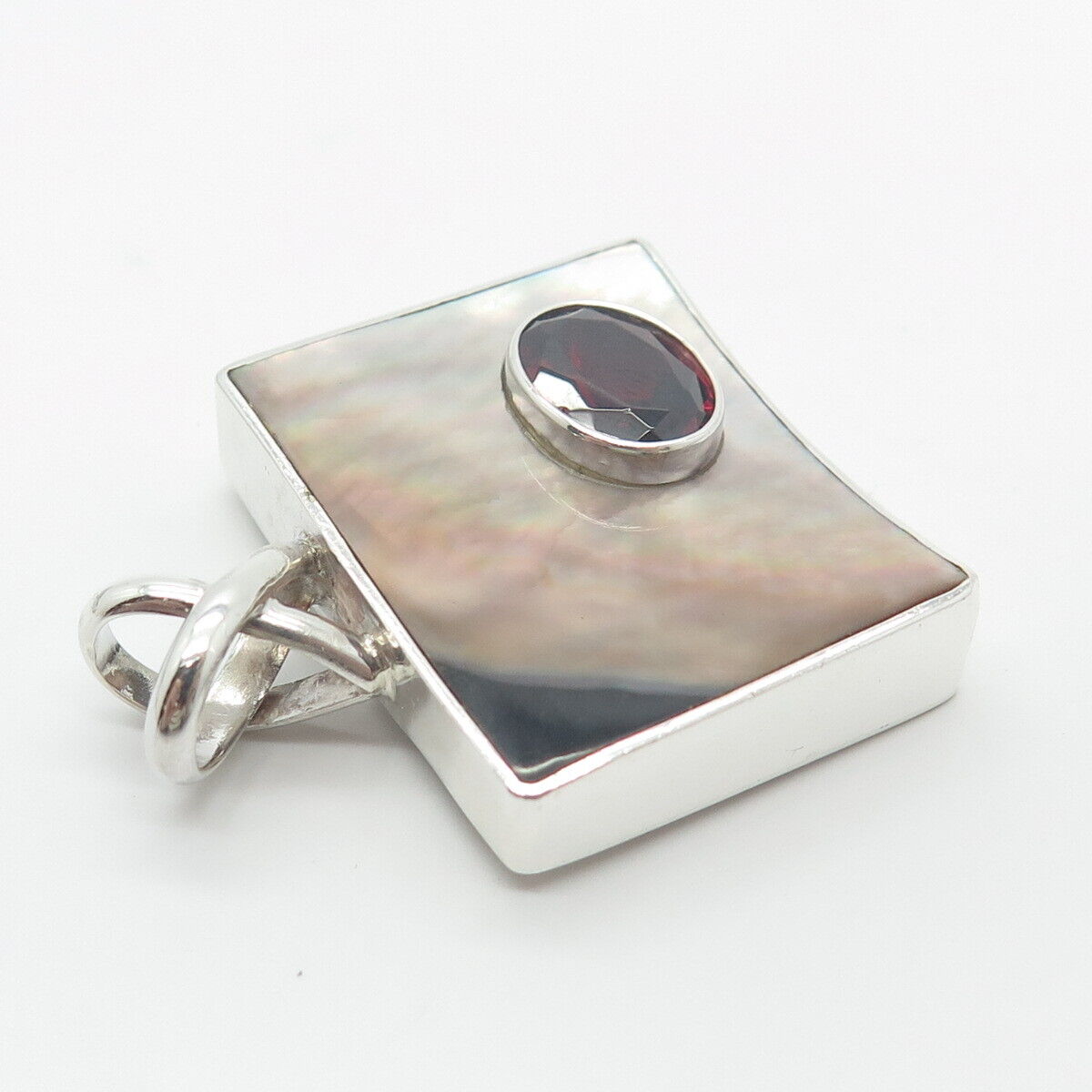 925 Sterling Silver Vintage Real Mother-of-Pearl & Red Garnet Gem Pendant