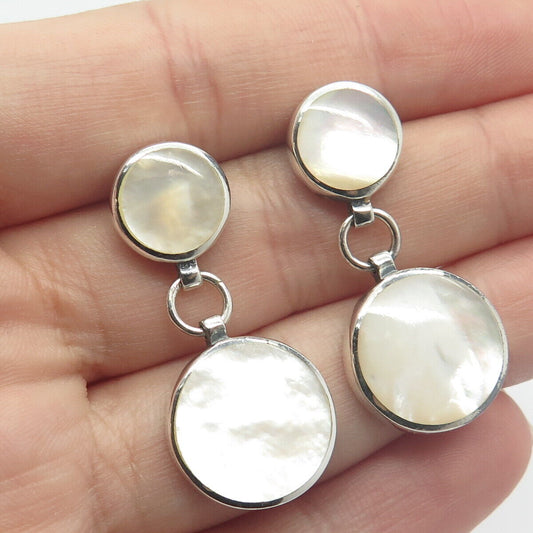 925 Sterling Silver Vintage Real Mother-Of-Pearl Round Dangling Earrings