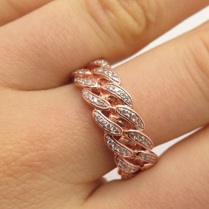 925 Sterling Silver Rose Gold Plated Pave C Z Cuban Chain Band Ring Size 8.75