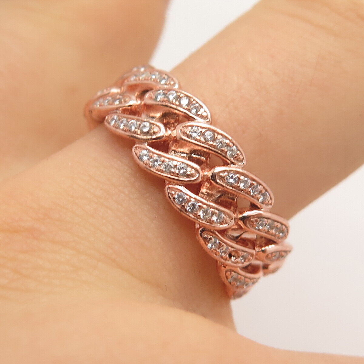 925 Sterling Silver Rose Gold Plated Pave C Z Cuban Chain Band Ring Size 8.75