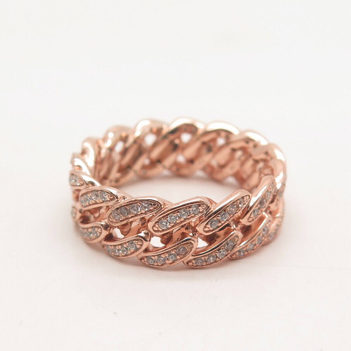 925 Sterling Silver Rose Gold Plated Pave C Z Cuban Chain Band Ring Size 8.75