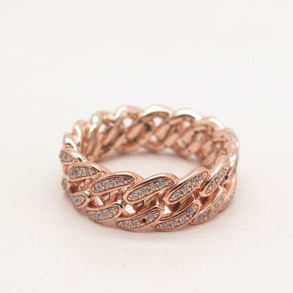 925 Sterling Silver Rose Gold Plated Pave C Z Cuban Chain Band Ring Size 8.75